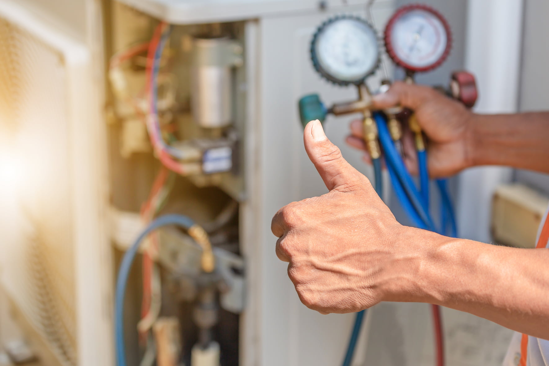 Close up of Air Conditioning Repair, repairman on the floor fixi