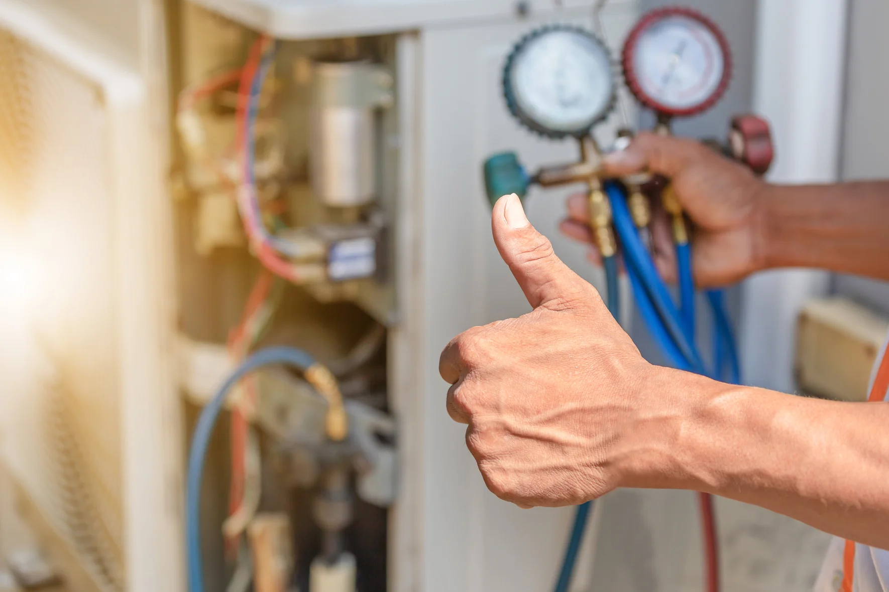 Close up of Air Conditioning Repair, repairman on the floor fixi