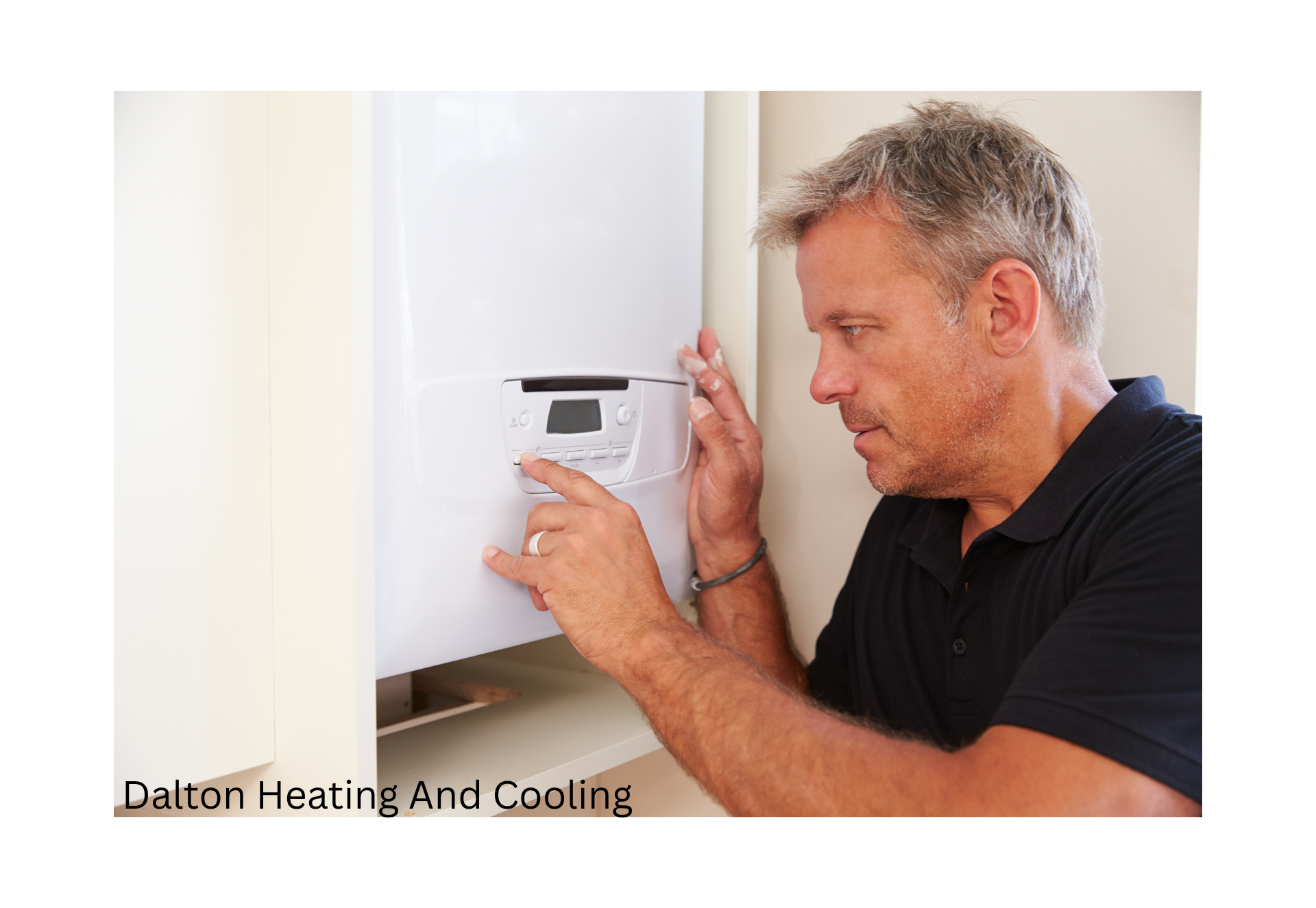 HVAC technician adjusting a residential programmable thermostat on an interior wall