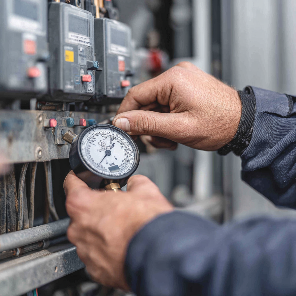 HVAC technician holding a pressure gauge while servicing an outdoor air conditioning unit