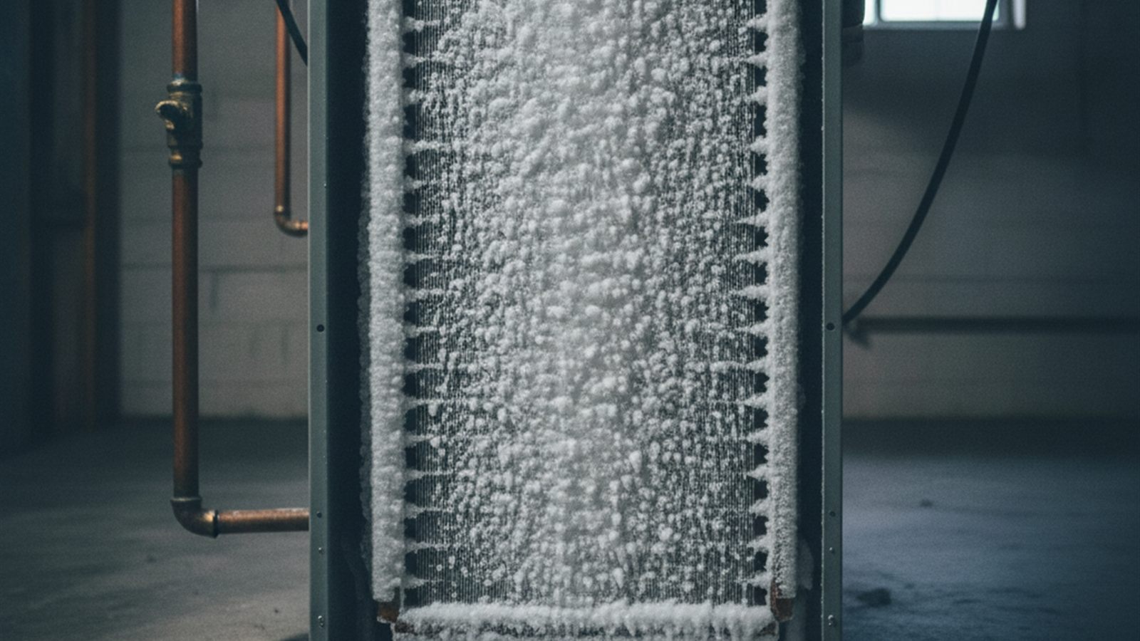 Residential evaporator coil completely covered in thick white ice inside an opened air handler cabinet