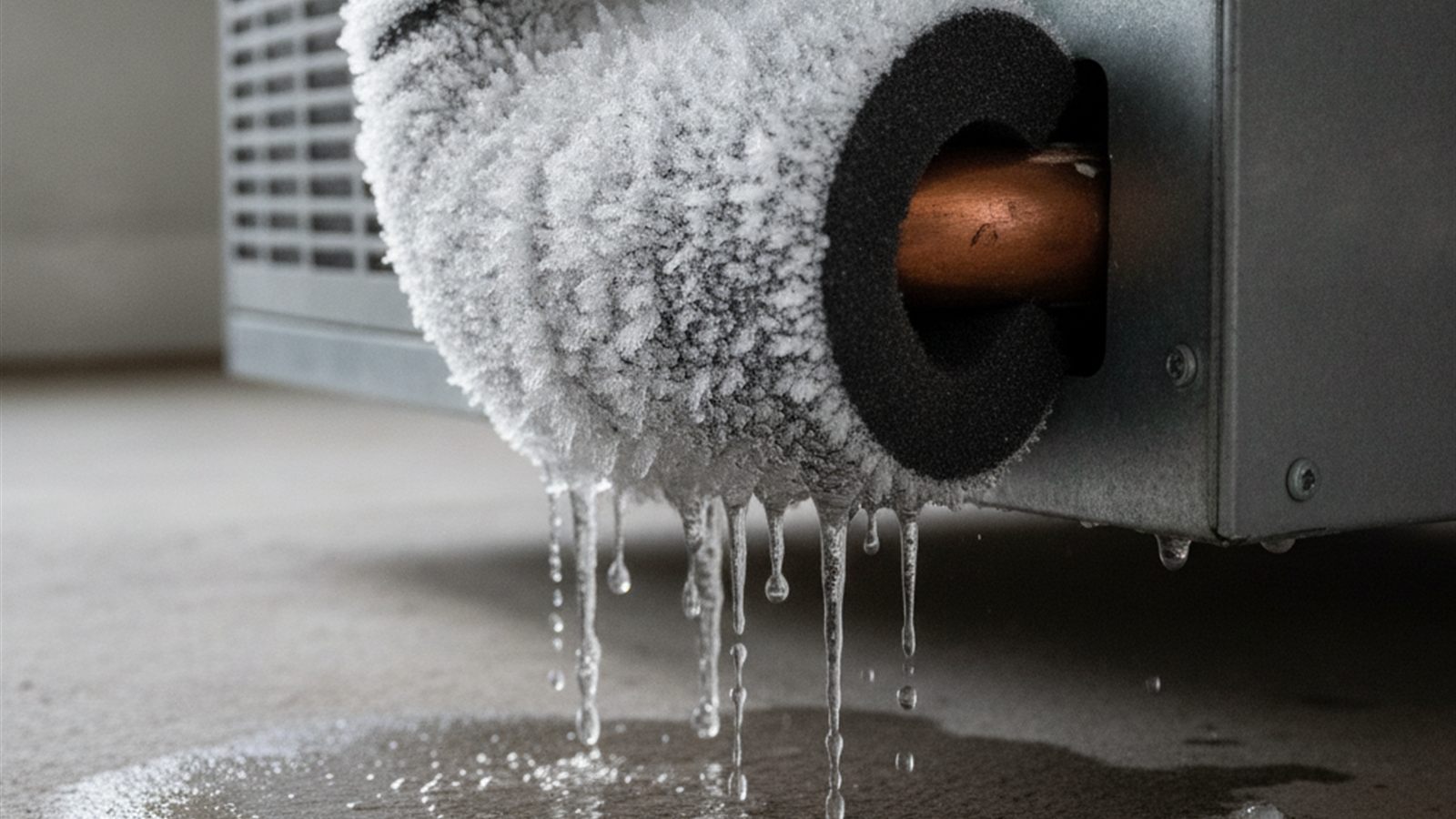 Heavy frost and ice covering the insulated copper suction line entering a residential air handler