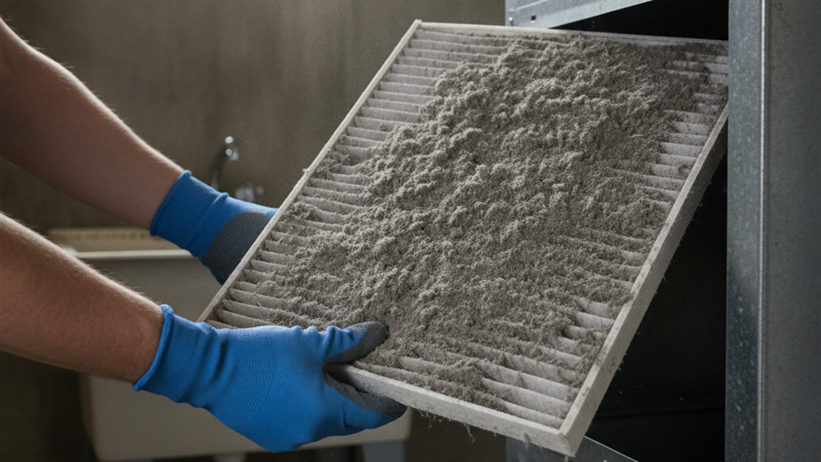 Heavily clogged pleated residential furnace air filter matted with grey dust being withdrawn from its slot