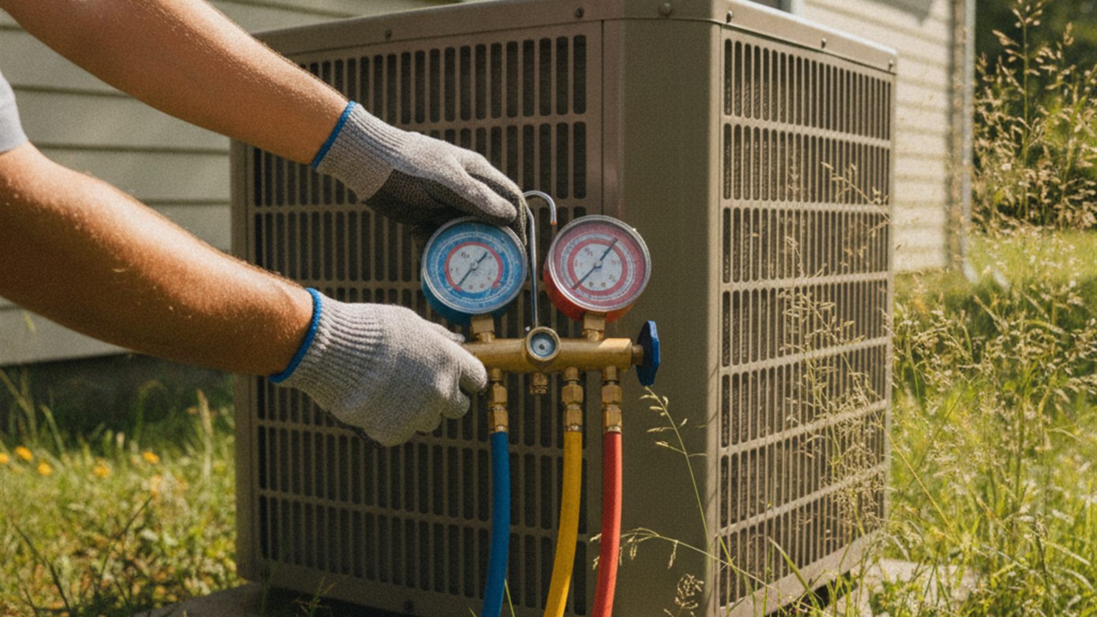 HVAC refrigerant manifold gauges with blue and red hoses connected to the service ports of a residential condenser