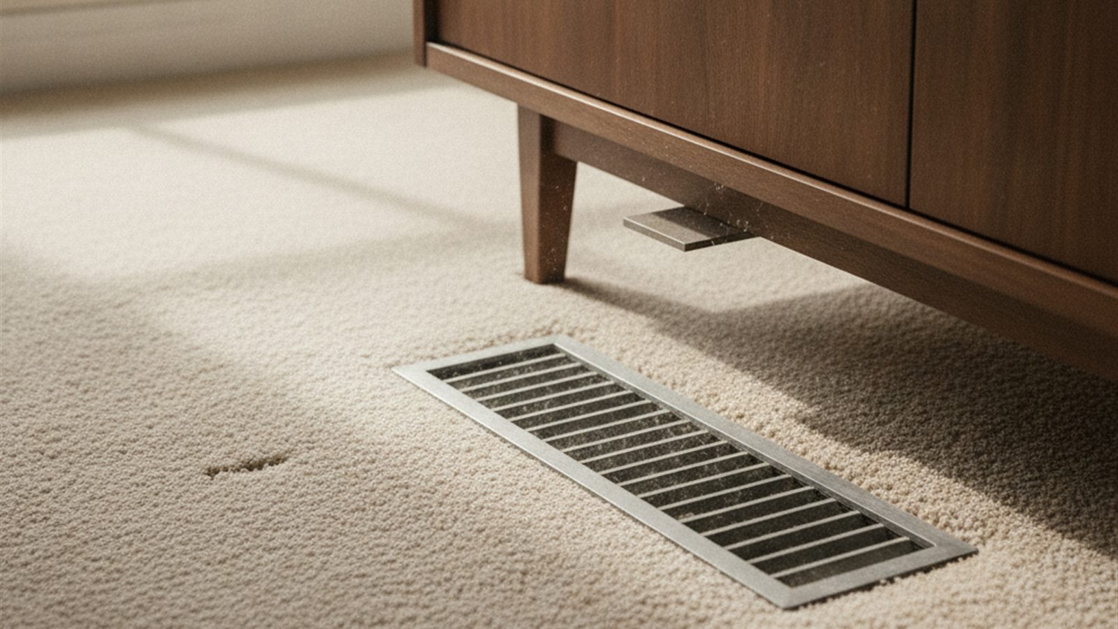 Floor supply register in a carpeted room partially blocked by furniture with the damper lever closed