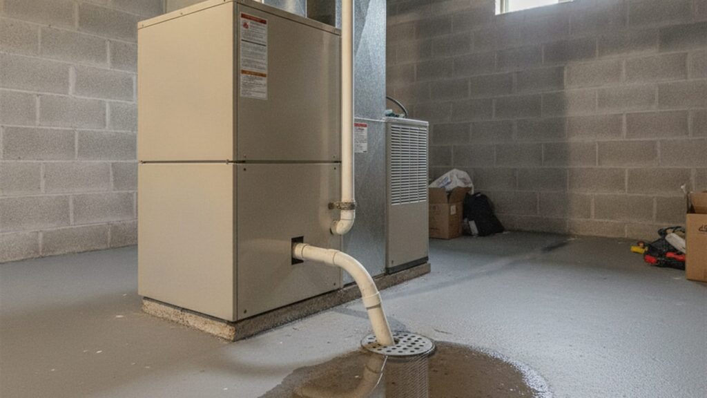 Water pooled on a basement floor beside a residential air handler and furnace in a Rochester NY home