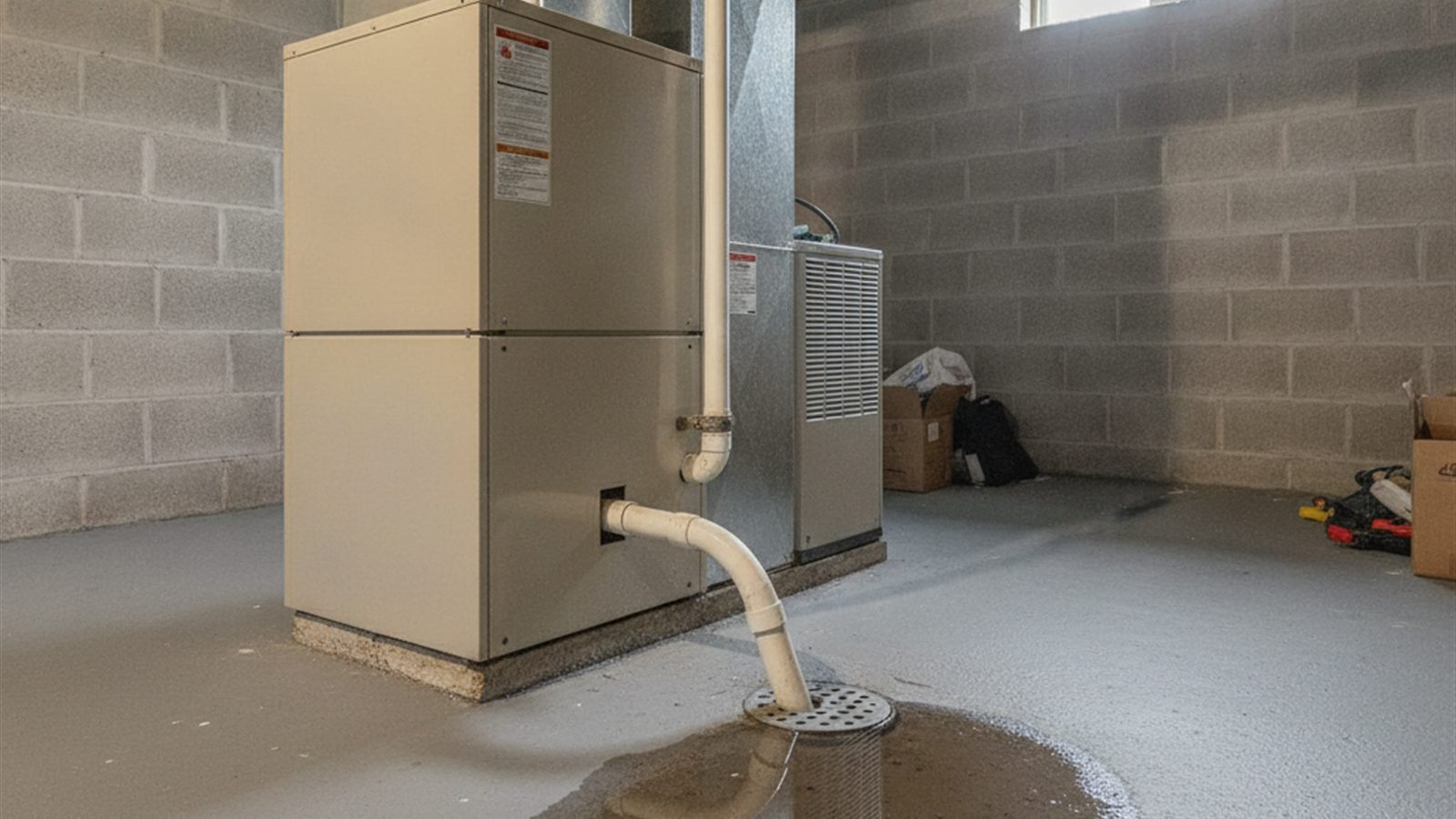 Water pooled on a basement floor beside a residential air handler and furnace in a Rochester NY home