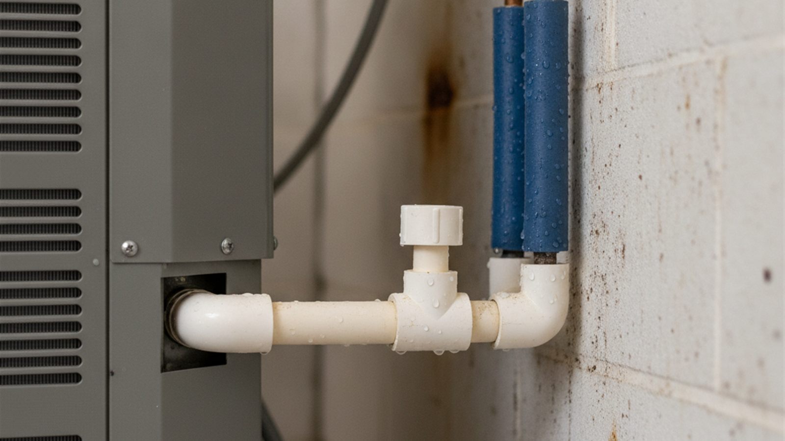 White PVC condensate drain line and T-vent on a home air handler with condensation on the copper line set