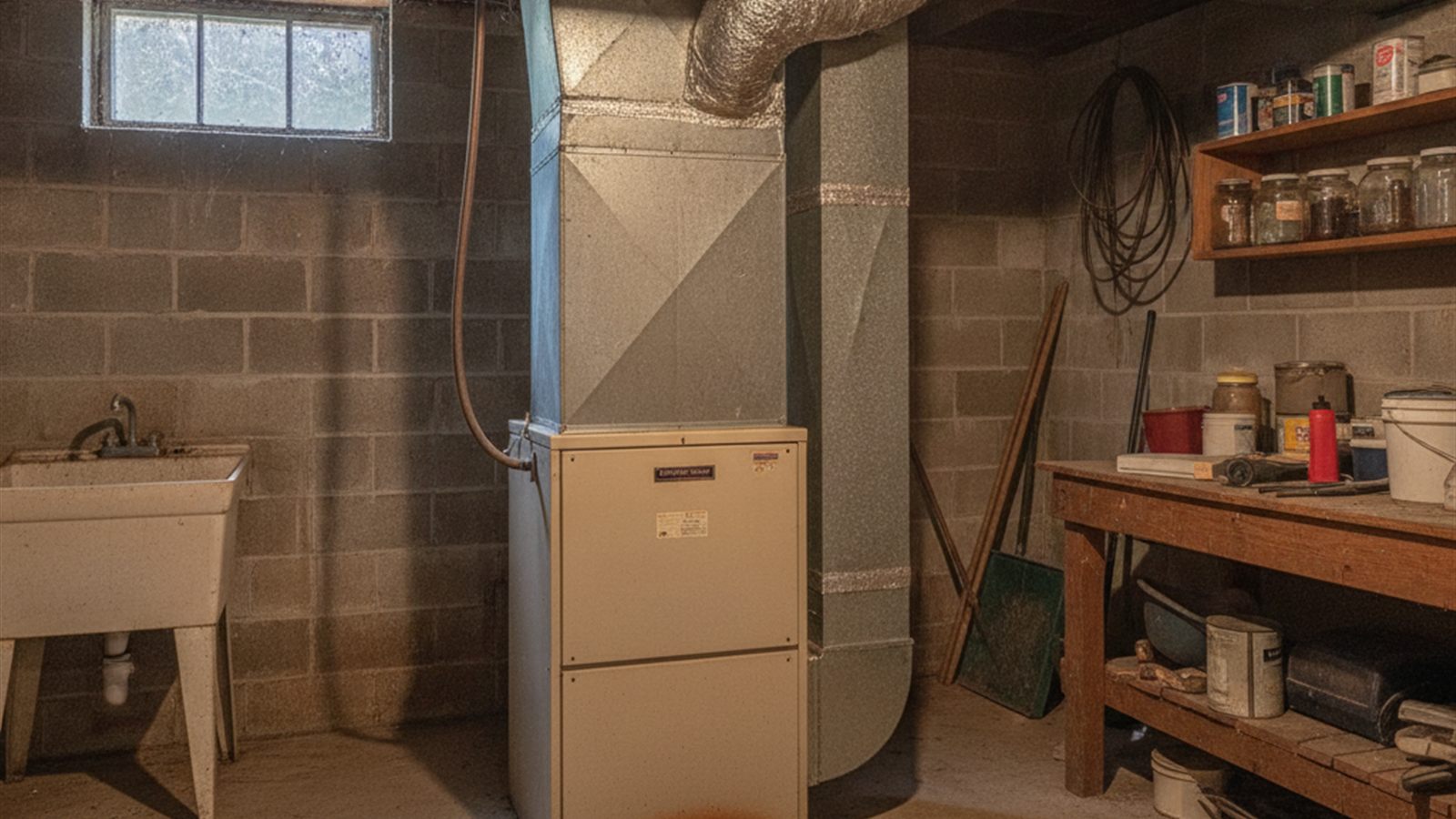Gas furnace with the AC evaporator coil box mounted on top and a damp patch on the basement floor below