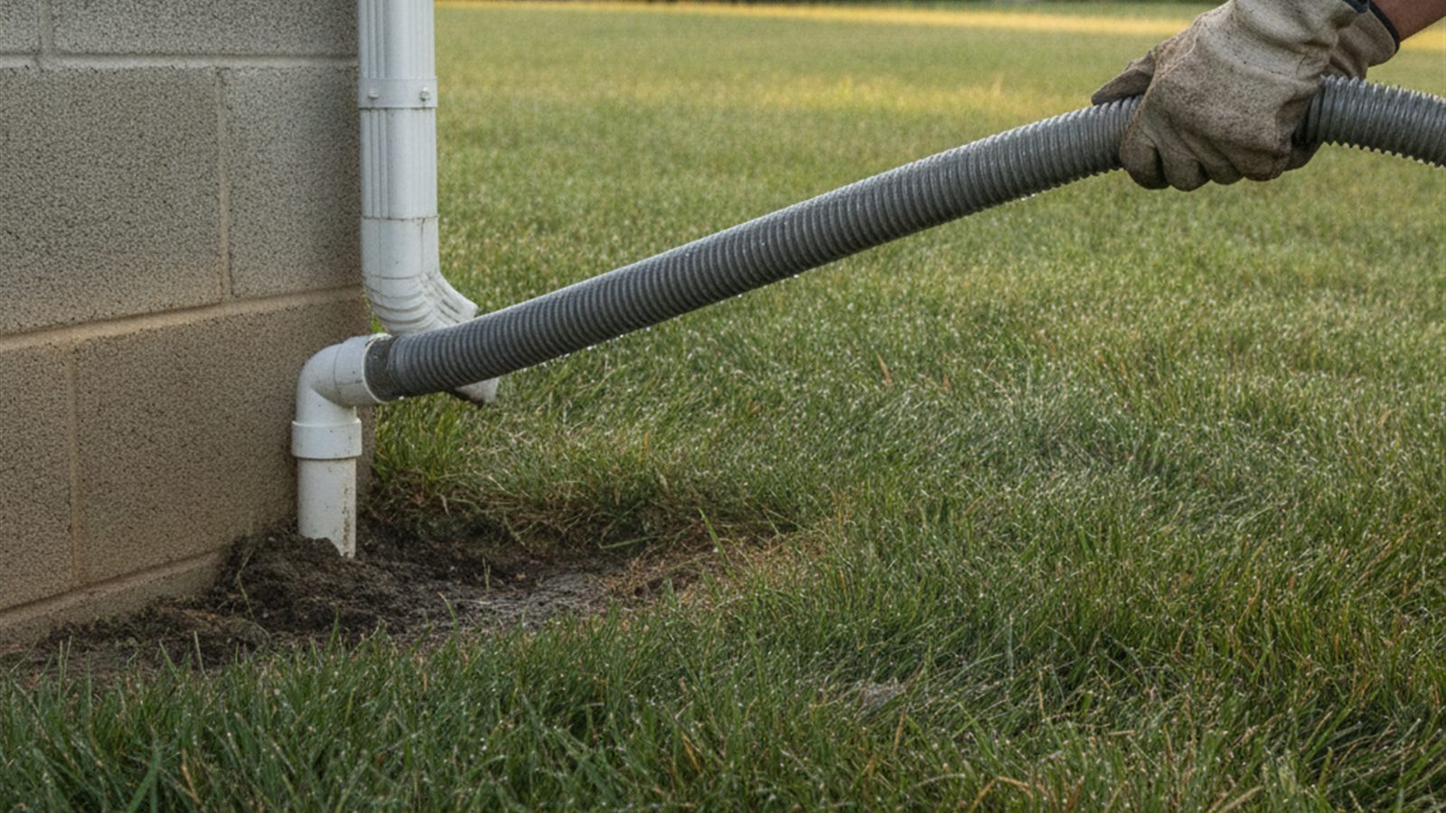 Wet dry shop vacuum attached to the outdoor end of a PVC condensate drain line at a suburban house foundation
