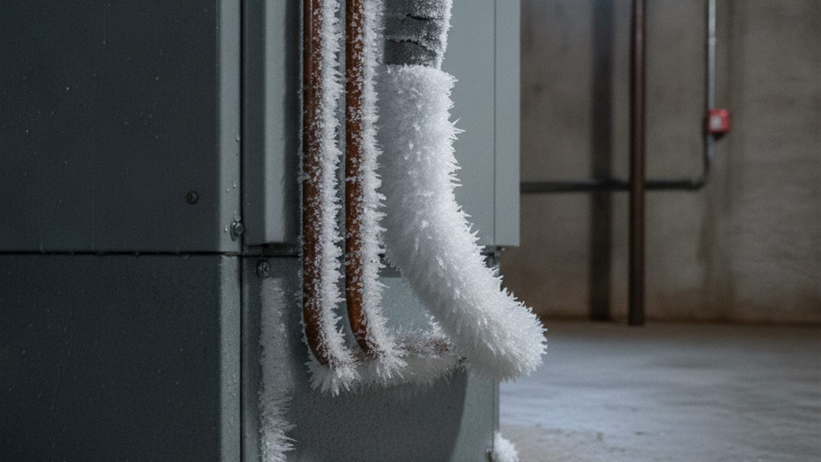 Thick white ice and frost built up on the copper refrigerant line set entering a basement air handler cabinet