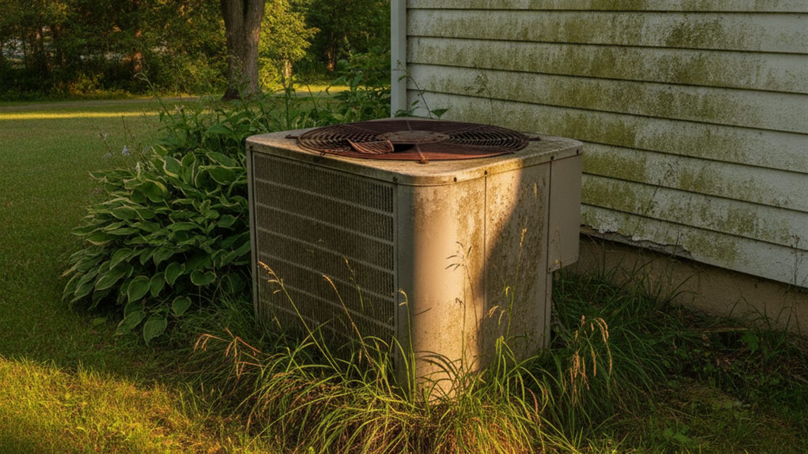 Ageing residential outdoor air conditioning condenser with a weathered fan grille beside a clapboard house