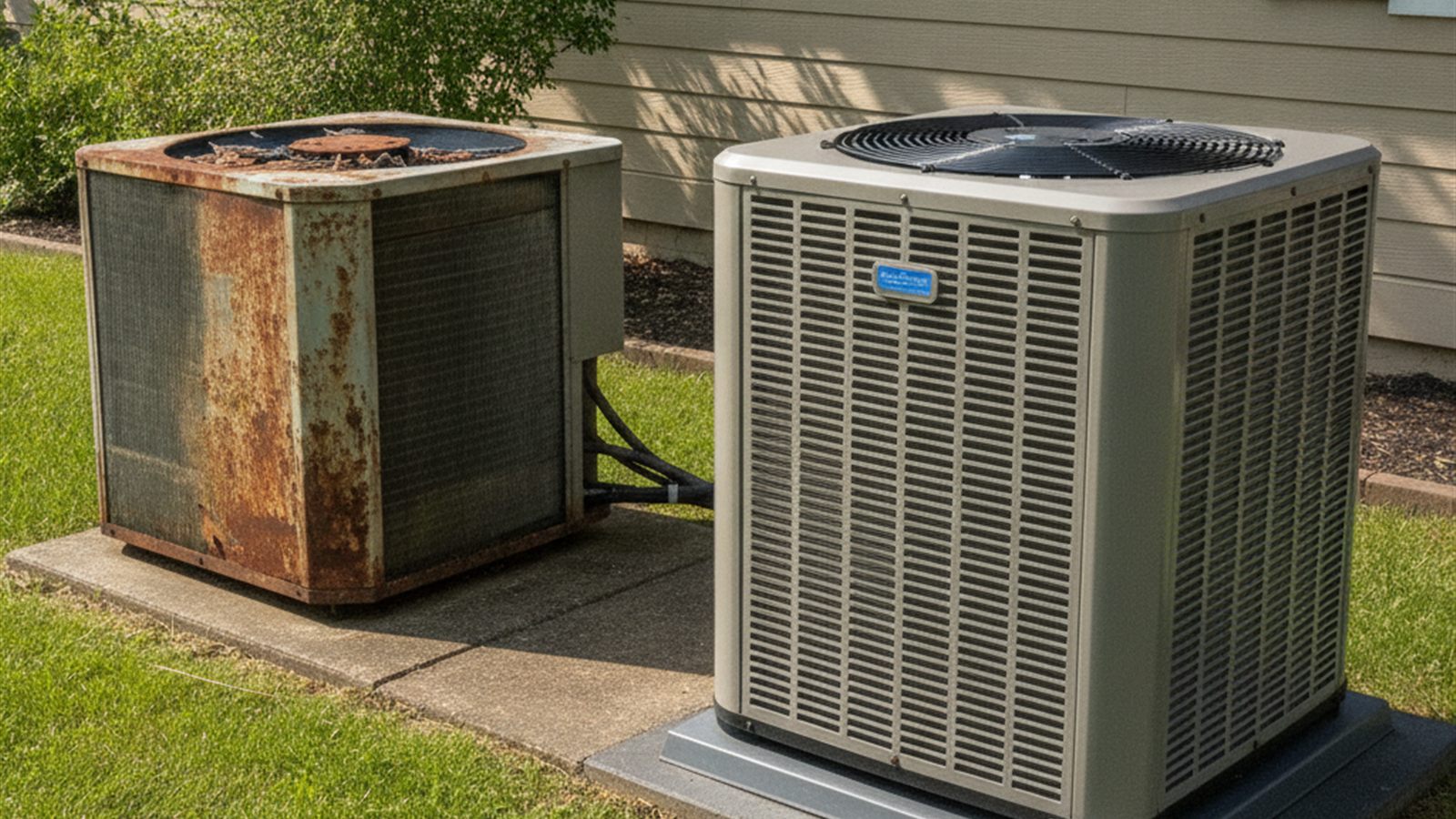 Old rusted air conditioning condenser standing beside a newly installed modern condenser on a fresh pad