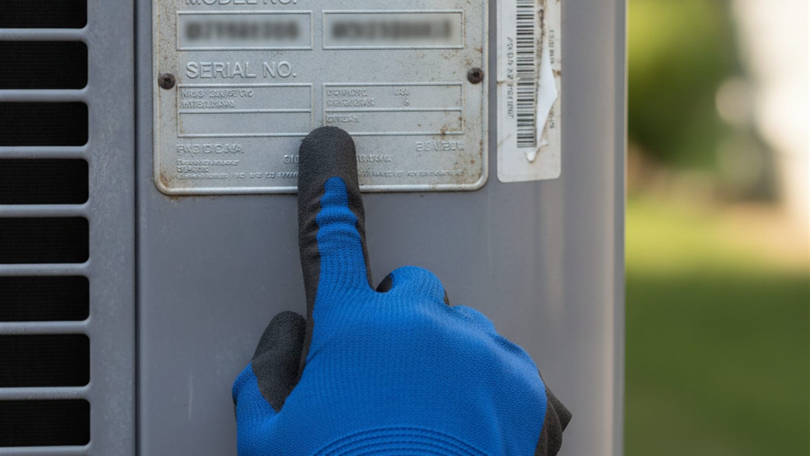 Metal data plate and serial label on the side of a residential air conditioning condenser being pointed at