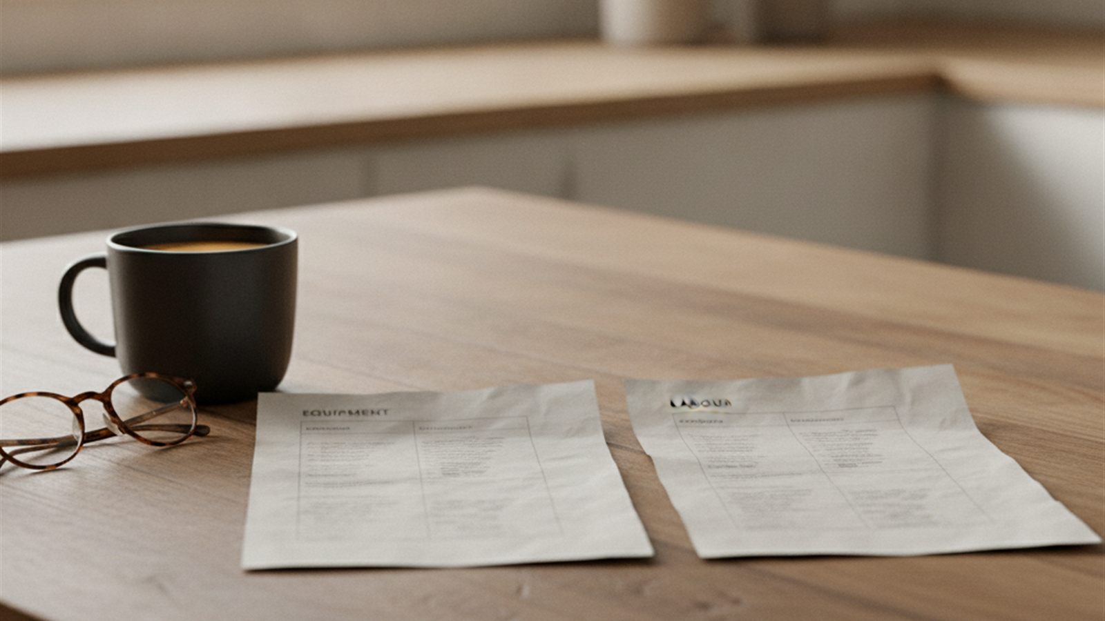 Two printed itemised HVAC quotes laid side by side on a wooden kitchen table with a mug and reading glasses