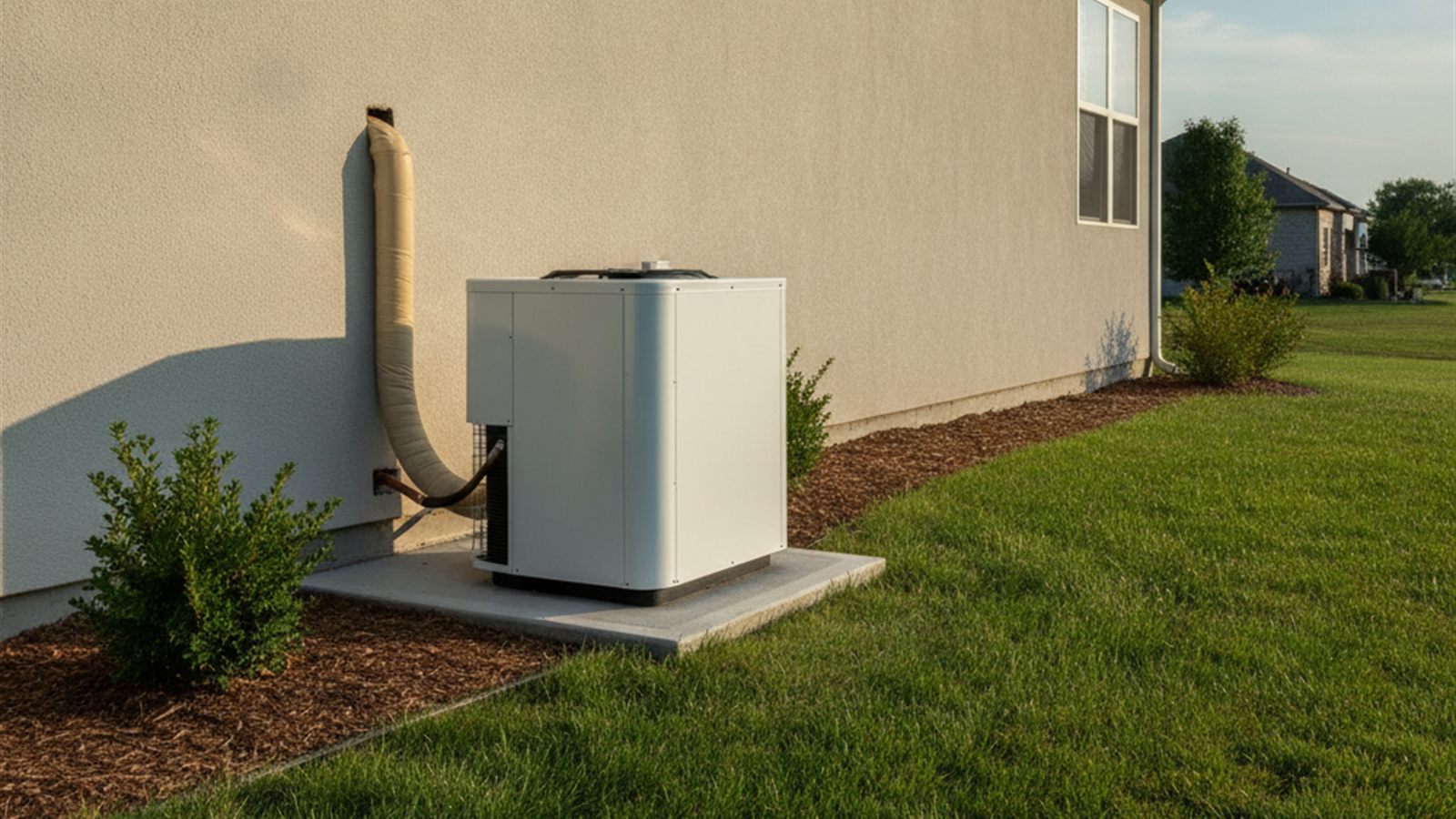 Newly installed high-efficiency air conditioning condenser on a level pad with neatly insulated copper line set