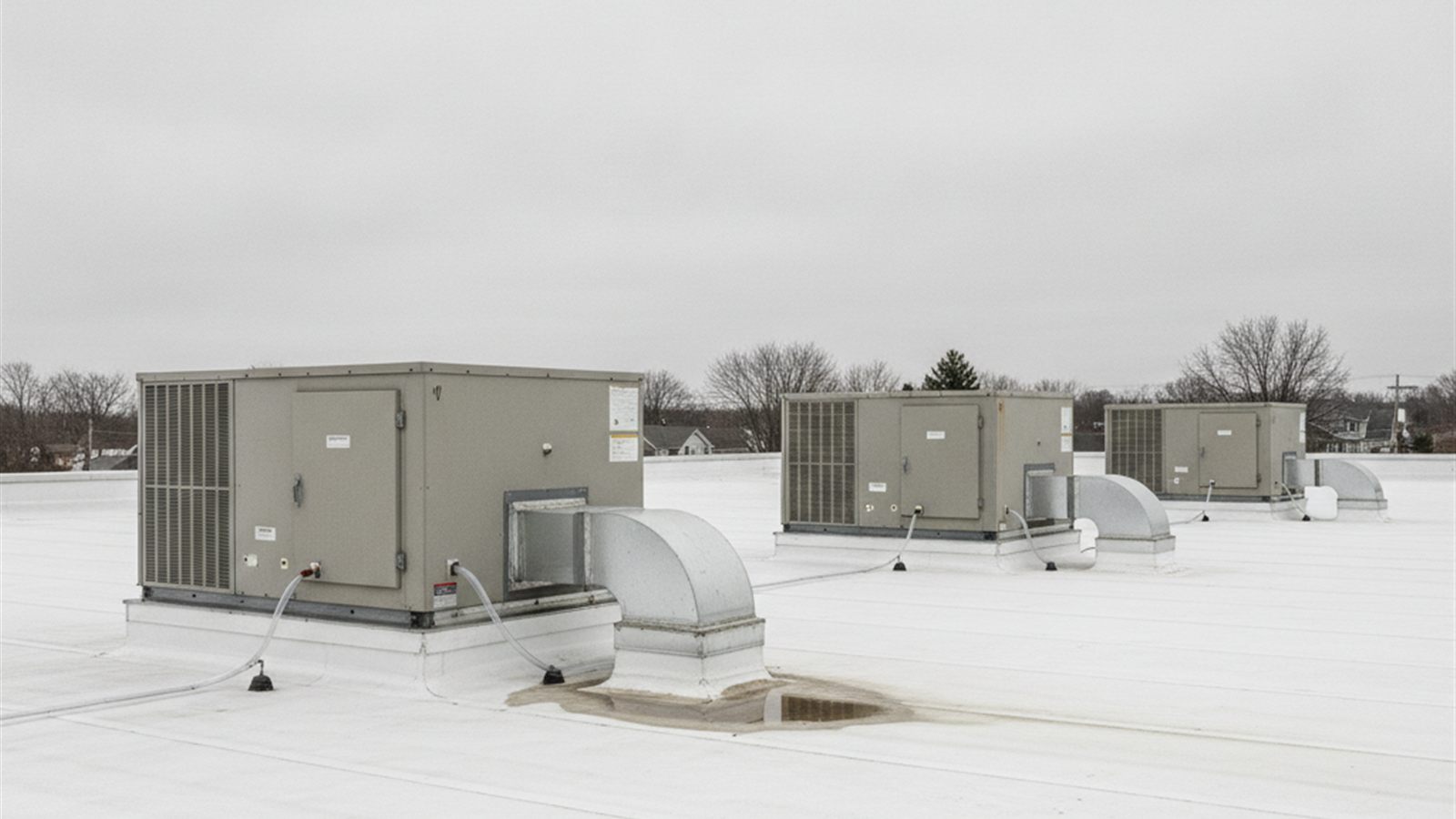 Three commercial rooftop HVAC package units on the flat membrane roof of a small retail building in upstate New York