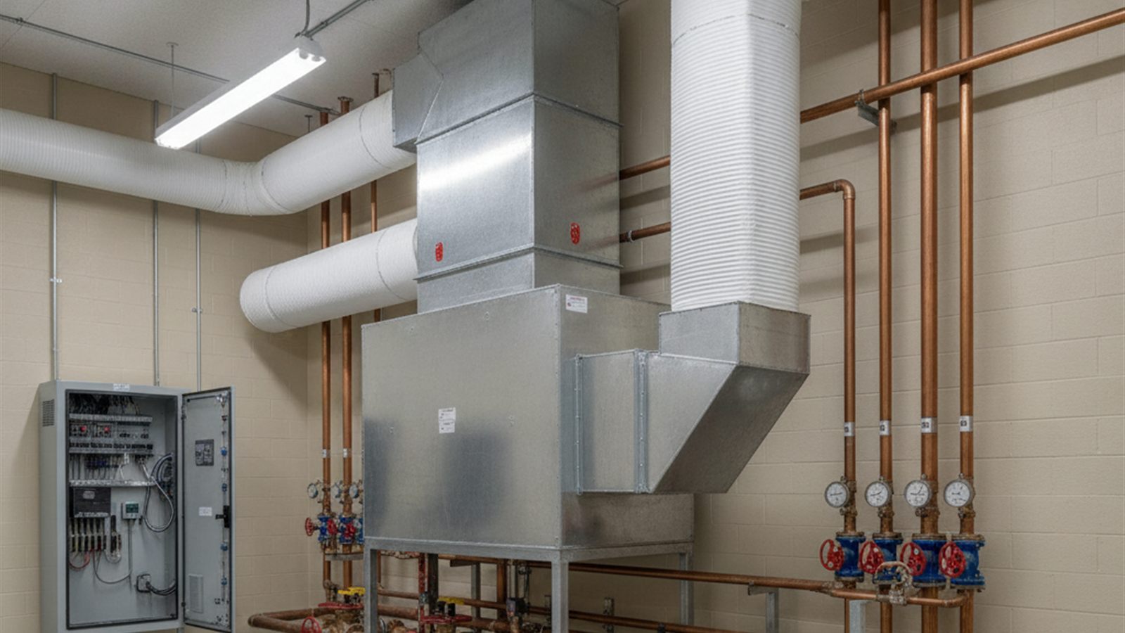 Commercial mechanical room containing a large air handler, insulated supply ductwork and a wall-mounted control panel