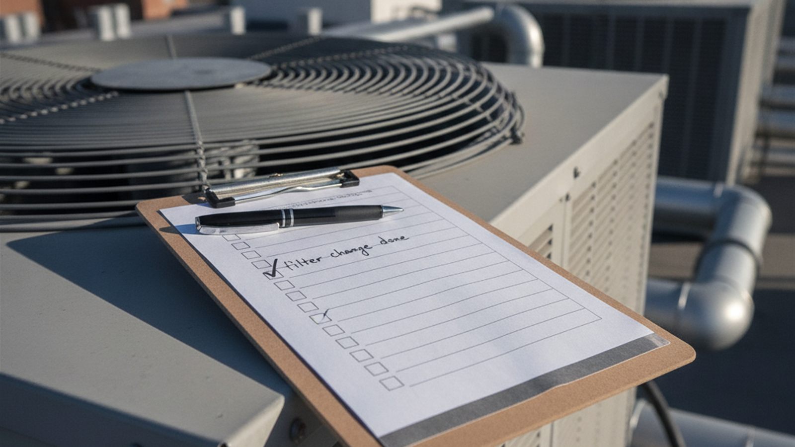 Clipboard holding a printed preventive maintenance checklist resting on the housing of a commercial rooftop unit
