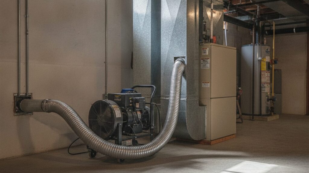 Portable duct extraction machine with a large hose connected to residential ductwork beside a furnace and water heater