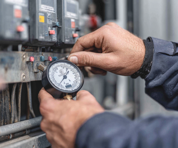 HVAC technician holding a pressure gauge while servicing an outdoor air conditioning unit