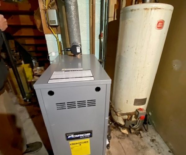 Gas furnace with connected water heater in a basement installation