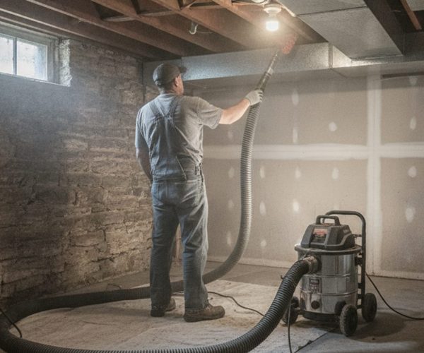 HVAC technician cleaning a sheet metal supply trunk with a vacuum hose in an older Rochester NY basement
