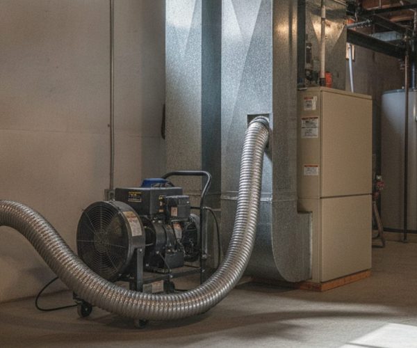 Portable duct extraction machine with a large hose connected to residential ductwork beside a furnace and water heater