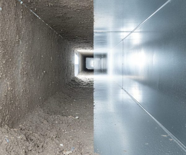 Interior of a metal air duct showing thick dust on one half and clean bright metal on the other after cleaning