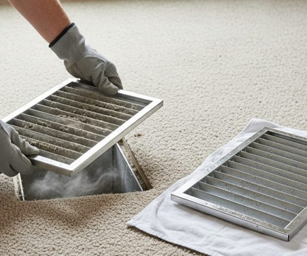 Gloved hands lifting a dust-covered floor supply register beside a clean register drying on a cloth