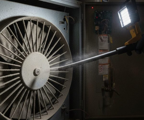 Technician clearing heavy dust from a residential furnace squirrel-cage blower wheel with a vacuum and work light